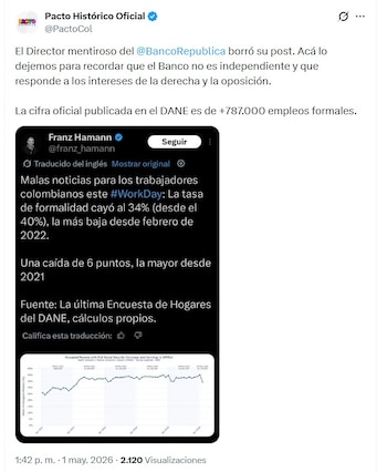 El Pacto Histórico cuestionó la veracidad de un análisis del Banco de la República y lo calificó como información equivocada la que compartió Franz Hamman - crédito @PactoCol/X