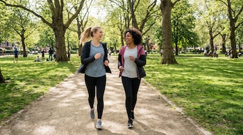Dos mujeres con ropa deportiva corren y ríen una al lado de la otra por un sendero de tierra en un parque con árboles y césped verde.