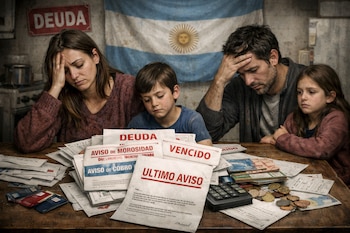 Una familia de cuatro personas sentada en una mesa frente a una pila de facturas con avisos de deuda y morosidad; al fondo, una bandera argentina.