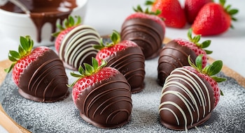 Primer plano de fresas cubiertas con chocolate oscuro y blanco, algunas con hilos decorativos, sobre una superficie oscura con azúcar glas.