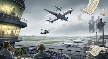 Ilustración de crisis aérea en aeropuerto con controladores, dos aviones a punto de colisionar en el aire, helicóptero militar, aviones en tierra y documentos burocráticos.