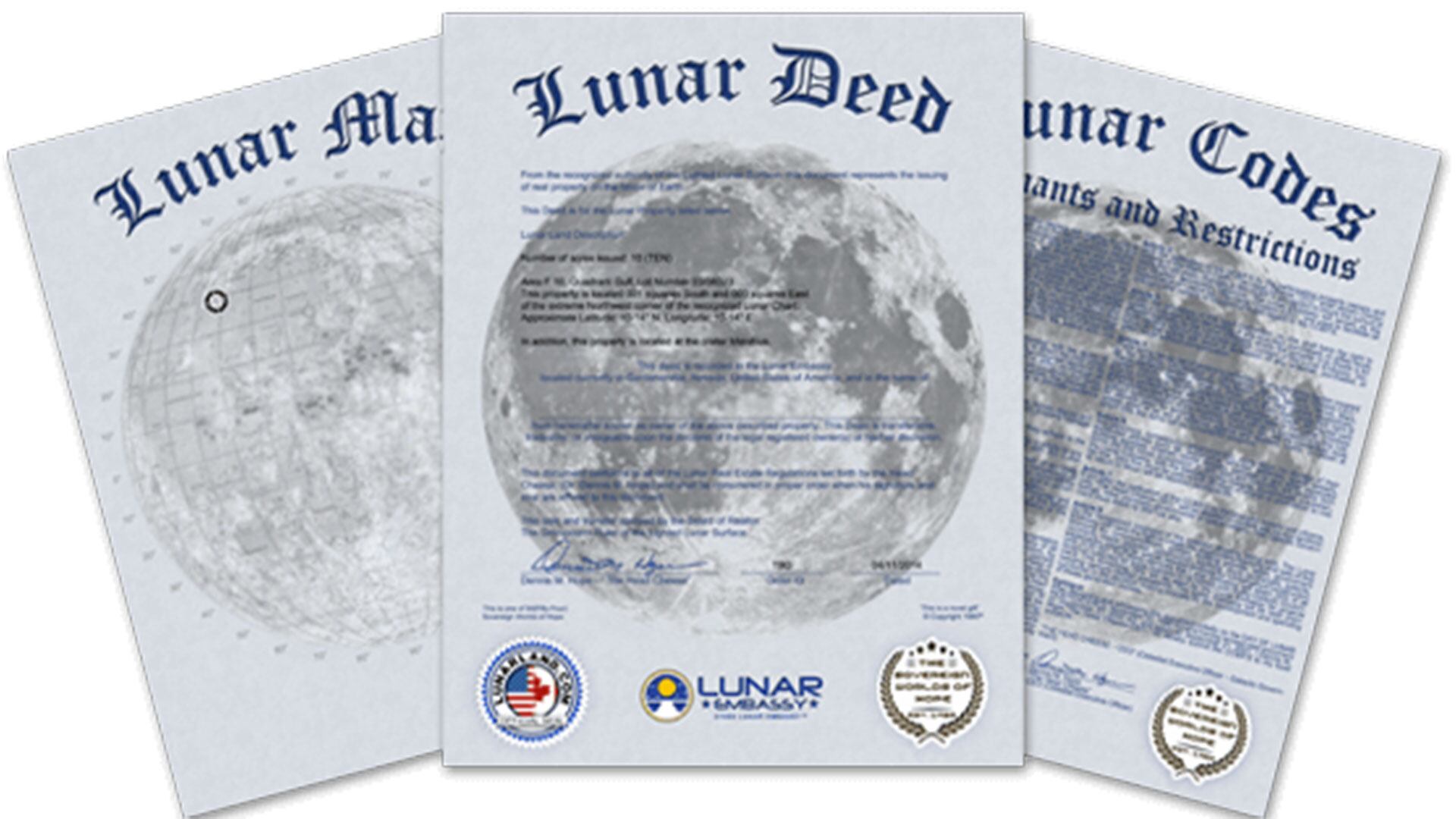 La empresa Lunar Embassy emite títulos de propiedad y mapas de parcelas lunares, además de una Constitución Galáctica redactada por Hope.