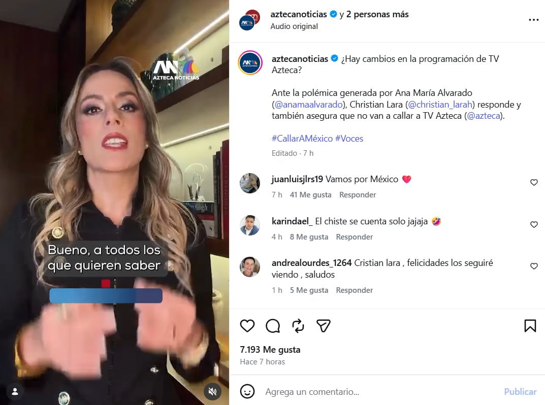 Christian Lara, conductora de TV Azteca, explica desde una plataforma oficial cambios en la línea editorial de los noticiarios, sin confirmar relevos. (Instagram: Azteca Uno)