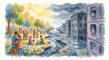 Ilustración acuarela de una ciudad dividida: un parque soleado con personas interactuando y edificios urbanos inundados con individuos aislados en sus ventanas.