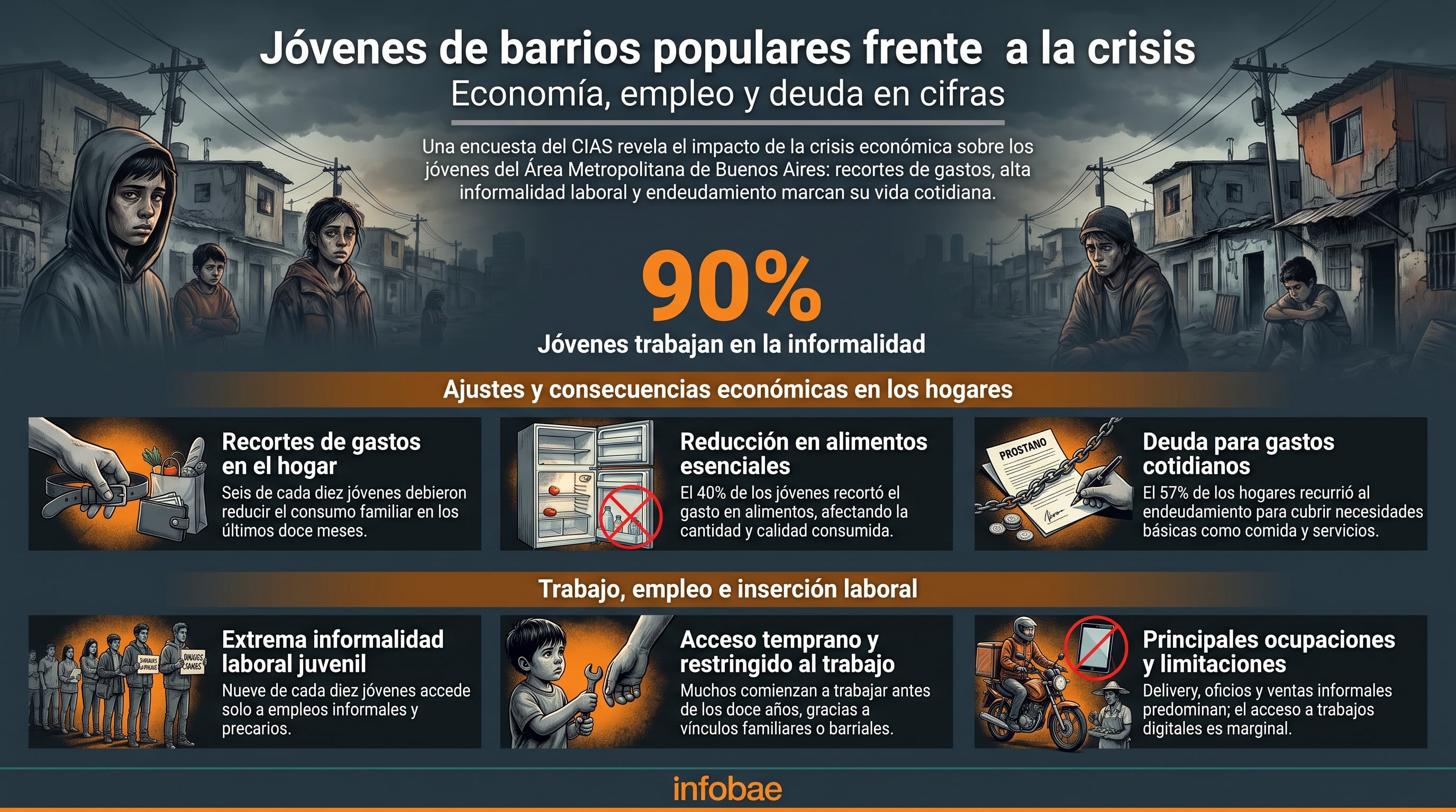 La falta de trabajo, la inflación y la pobreza aparecen entre los principales problemas para los jóvenes de barrios populares, donde los ingresos no alcanzan para cubrir necesidades básicas (Imagen Ilustrativa Infobae)