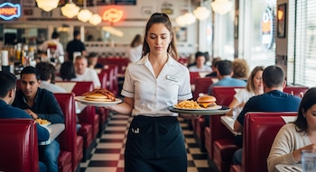 Una camarera joven en un uniforme blanco y negro lleva un plato de panqueques y tocino y otro de hamburguesa y papas fritas en un diner.