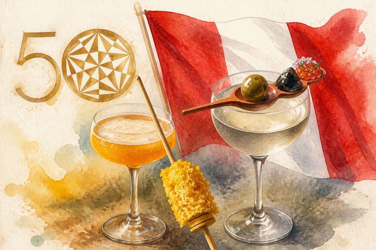 Una ilustración en acuarela presenta dos cócteles elaborados junto a la bandera de Perú y un emblema con el número 50. (Imagen Ilustrativa Infobae)