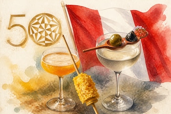 Ilustración en acuarela de dos copas de cóctel con guarnición, la bandera de Perú y un emblema geométrico junto al número 50.