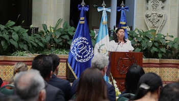 Mujer de cabello oscuro con blusa blanca bordada habla en podio de madera con micrófonos, junto a banderas de OIT y Guatemala, rodeada de plantas y público