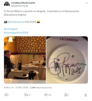 Esta fue la sorpresa que dejó Luis Miguel luego de visitar el restaurante La Cabrera en Bogotá, según conoció La Red - crédito @RadioTUYYoLM/X