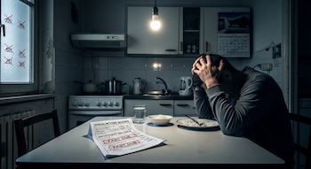 Hombre sentado en cocina. Mesa con plato de arroz, vaso de agua, facturas con texto "PAST DUE". Ventana con años tachados; calendario 2018 en la pared.