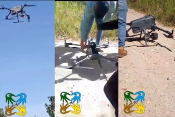 Tres imágenes muestran un dron de color negro en el aire y apoyado sobre un camino de tierra