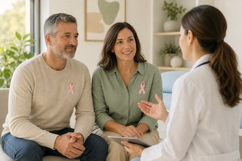 Un hombre de unos cincuenta años y una mujer de unos cuarenta y cinco años, ambos pasando una revisión sobre el cáncer de mama la cual es una enfermedad asexual