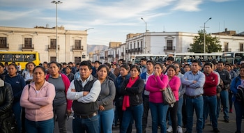 Decenas de personas en ropa urbana de pie en una calle de Arequipa, con edificios blancos y un bus amarillo visible al fondo bajo un cielo azul claro.