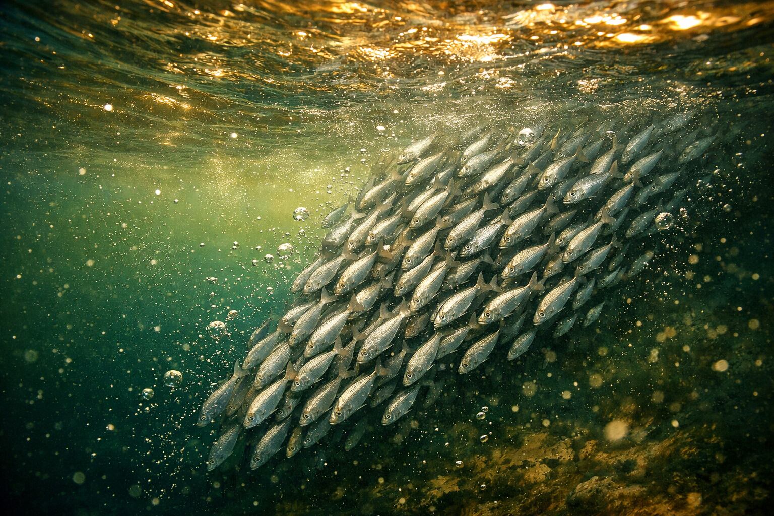 Un cardumen de peces genéricos nada en dirección inusual en aguas superficiales con burbujas y partículas, lo que indica una alteración en el ecosistema marino. (Imagen Ilustrativa Infobae)