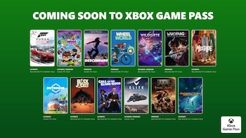 Gráfico verde "COMING SOON TO XBOX GAME PASS" con doce portadas de juegos, como "Forza Horizon 6" y "Subnautica 2", y el logo de Xbox Game Pass