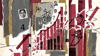 Collage de papel rasgado con gráficos de barras rojos, retratos pequeños en blanco y negro, números y líneas angulares.