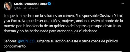 La senadora del Centro Democrático culpó al Gobierno Petro por