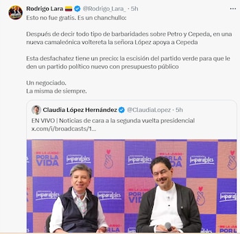Rodrigo Lara sostuvo que el apoyo de Claudia López a Iván Cepeda obedecería a intereses particulares y a una negociación política vinculada al Partido Verde - crédito Rodrigo Lara/X