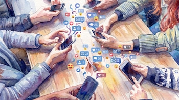 Ilustración de acuarela muestra múltiples manos con teléfonos móviles alrededor de una mesa. Burbujas con íconos de notificaciones de redes sociales y emojis flotan en el aire.