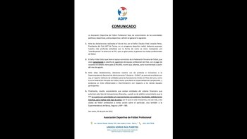 Comunicado de la ADFP denunciando a la FPF por el apoyo monetario al ADT. (Foto: ADFP)