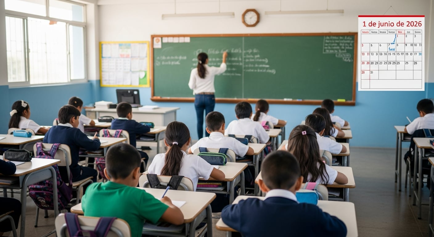 Una maestra escribe en el pizarrón mientras estudiantes de primaria atienden en sus pupitres en un aula activa, destacando un calendario con el 1 de junio de 2026 marcado como día lectivo. (Imagen Ilustrativa Infobae)