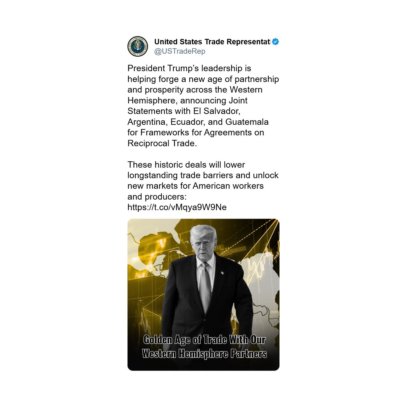 Posteo de la USTR anunciando los acuerdos comerciales con Argentina, Ecuador, Guatemala y El Salvador