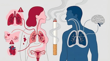Ilustración plana de siluetas humana femenina (rosa) y masculina (azul). Un cigarro encendido y humeante las separa, mostrando órganos internos dañados.
