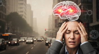 Mujer con las manos en la cabeza y expresión de dolor, un cerebro transparente con puntos rojos flotando sobre ella. Fondo urbano con smog y tráfico.