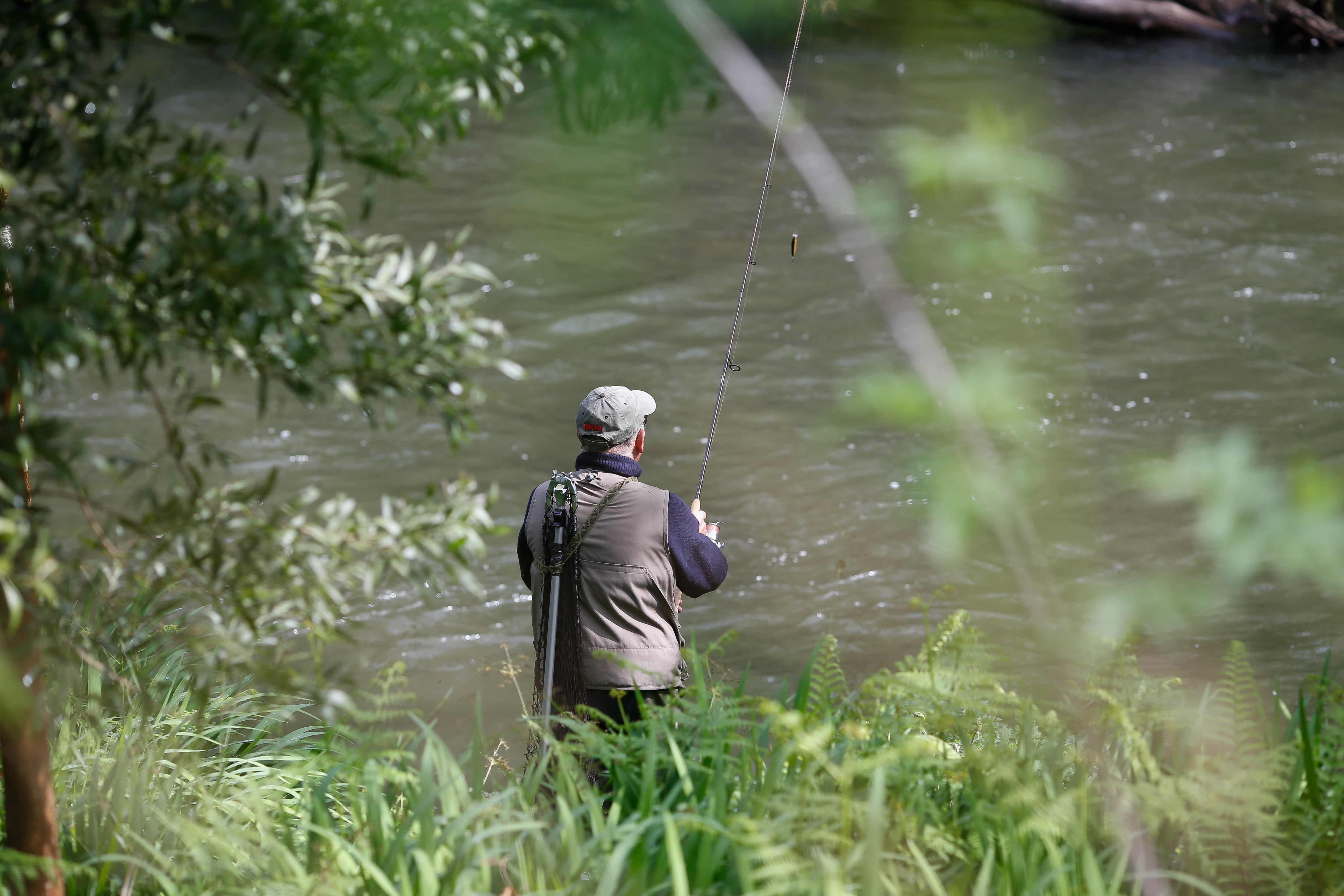 Un hombre durante el comienzo de la campaña de pesca de salmón, en el río Eo, a 13 de abril de 2025, en San Tirso de Abres, Asturias (España). (Carlos Castro/Europa Press)
