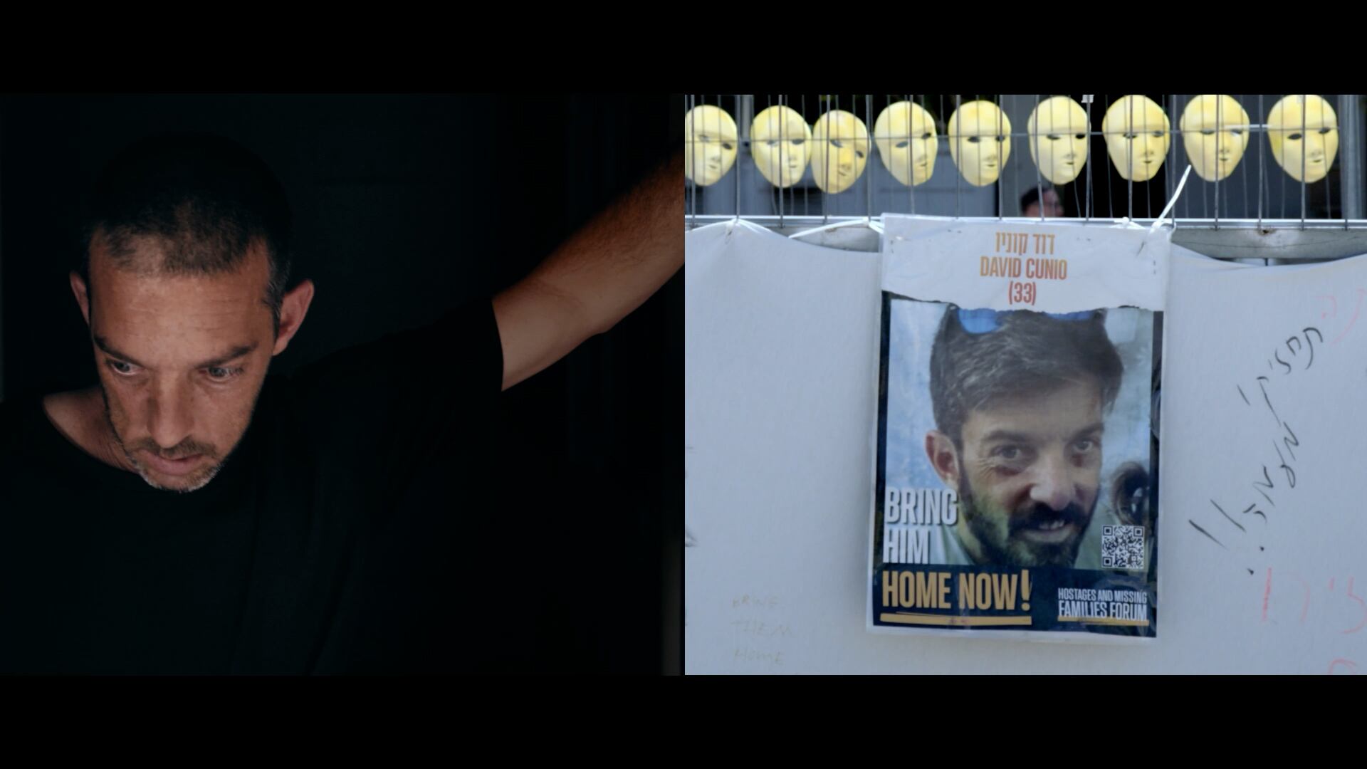 Eitan Cunio junto a una foto de su hermano David, secuestrado por Hamas, en una escena del documental. (Captura de pantalla)