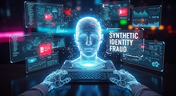 Imagen digital de una cabeza luminosa y manos cibernéticas sobre un teclado, rodeadas de pantallas con gráficos y alertas rojas de fraude de identidad sintética.