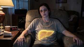 Mujer con ojeras y camiseta sentada en un sillón oscuro; su hígado está resaltado en amarillo sobre el pecho, junto a un reloj digital que marca 3:17 AM.