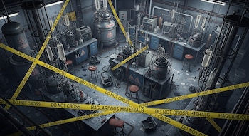 Laboratorio con tanques, reactores, condensadores, mezcladoras y tuberías. Cinta de seguridad amarilla con texto 'DO NOT CROSS' y 'HAGLARDUOUS MATERIALS'.