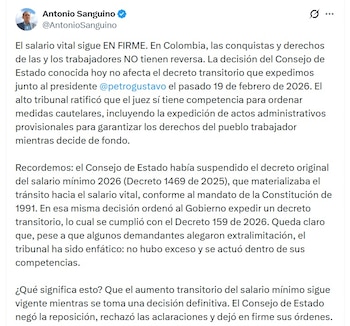 Antonio Sanguino, ministro del Trabajo, dijo que el monto del salario mínimo de 2026 sigue vigente para los trabajadores - crédito @AntonioSanguino/X