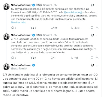 Natalia Gutiérrez, presidenta de Acolgen, aseguró que si la referencia de consumo de un hogar es 100, y su consumo está entre 90 y 110, no hay cobro adicional ni incentivo - crédito @NGutierrezJ/X