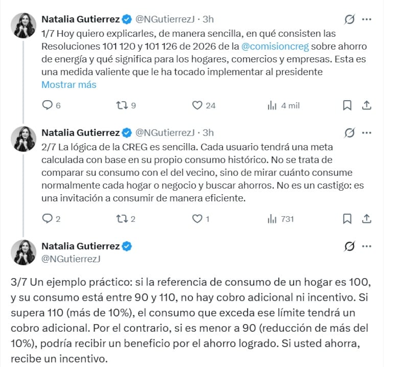 Natalia Gutiérrez, presidenta de Acolgen, aseguró que si la referencia de consumo de un hogar es 100, y su consumo está entre 90 y 110, no hay cobro adicional ni incentivo - crédito @NGutierrezJ/X