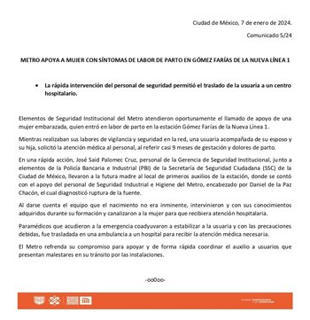 Casi nace un bebé en la Línea 1 del Metro - 7 enero