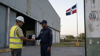 Trabajador con chaleco reflectante y casco blanco entrega un frasco a un agente de seguridad uniformado. Al fondo, una bandera de República Dominicana ondea.