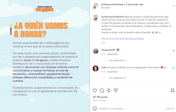 El evento solidario en Barcelona superó su meta inicial y la organización anunció una recaudación preliminar de nueve mil doscientos sesenta y cinco con noventa y nueve euros - crédito juntanzacolombiana / Instagram