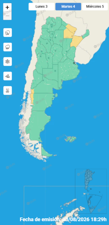 Las alertas amarillas del Servicio Meteorológico Nacional rigen sobre provincias del norte y noreste del país para este martes