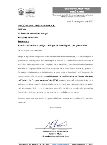 Oficio presentado por la bancada