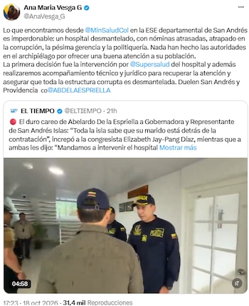 Ministra de Salud Ana María Vesga denunció que el hospital de San Andrés estaba “desmantelado” - crédito @AnaVesga_G/X