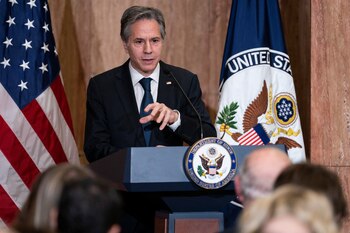 U.S. Secretary of State Antony Blinken speaks during the unveiling ceremony of a bronze bust of former Secretary of State James A. Baker III, at the State Department, in Washington, D.C., U.S., April 4, 2022. Evan Vucci/Pool via REUTERS