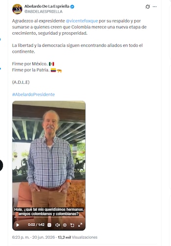El candidato presidencial Abelardo de la Espriella agradeció al expresidente Vicente Fox Quesada por su respaldo - crédito @ABDELAESPRIELLA/X