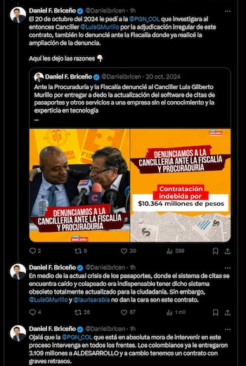La Procuraduría y la Fiscalía reciben denuncias sobre la gestión del ex canciller Luis Guillermo Murillo en el proceso - crédito @Danielbricen / X