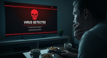 Hombre sentado frente a una Smart TV oscura que muestra un mensaje rojo brillante de 'VIRUS DETECTED' con un icono de calavera. El hombre se lleva la mano a la boca con expresión de preocupación.