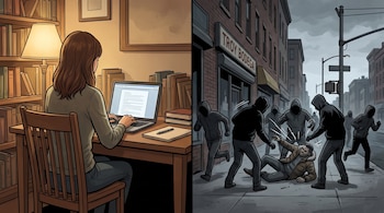 Ilustración de dos paneles. Uno muestra una mujer escribiendo en una computadora, y el otro, varios hombres encapuchados agrediendo a un hombre en el suelo.