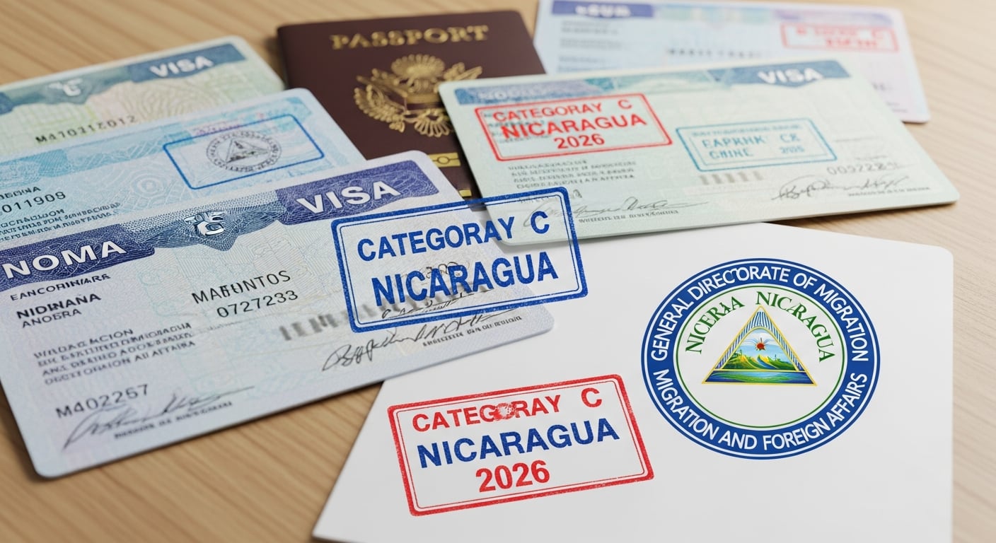 Documentos de viaje y visas de diferentes nacionalidades, incluyendo pasaportes y sellos de Nicaragua con la inscripción
