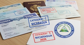 Varias visas, un pasaporte marrón, un sello azul de "Categoría C Nicaragua" y un sello rojo "Categoría C Nicaragua 2026" sobre una mesa de madera.